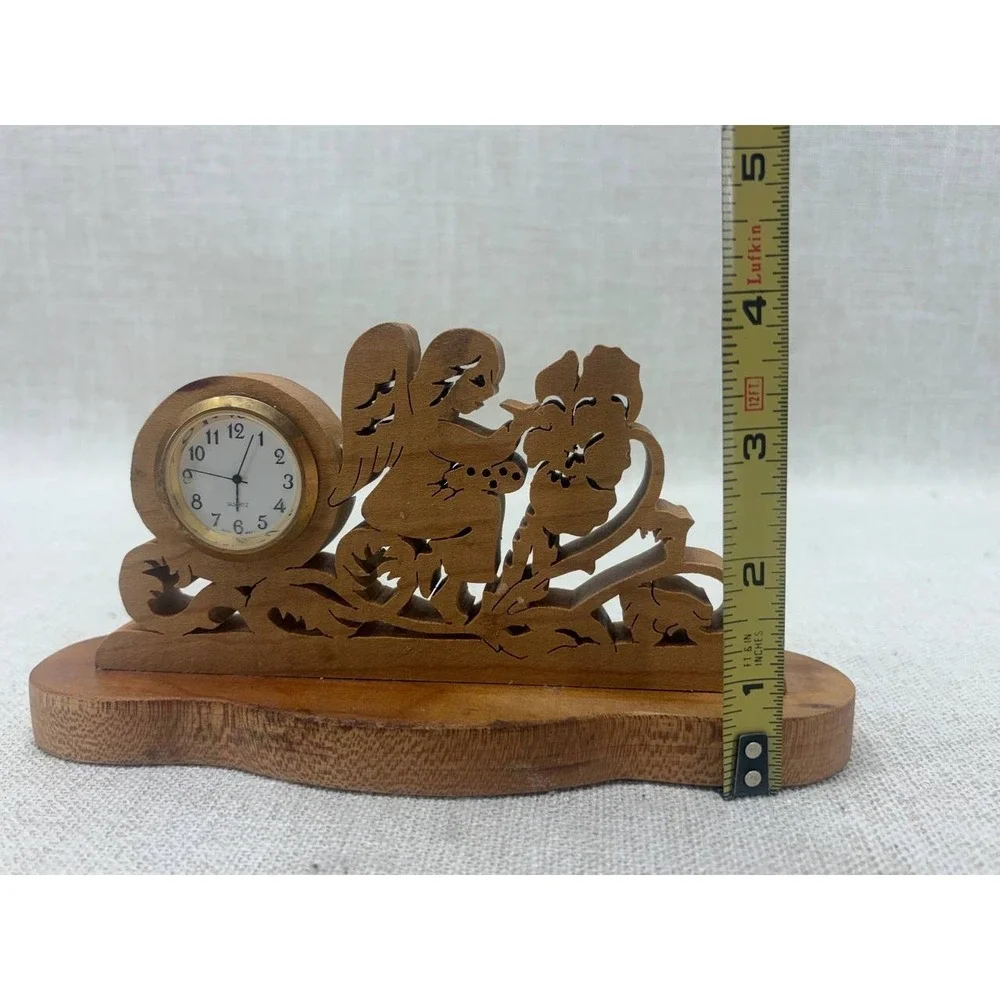 Vintage Hand‎ Carved Wood Angel Desk Clock Quartz Floral Scrollwork Decor